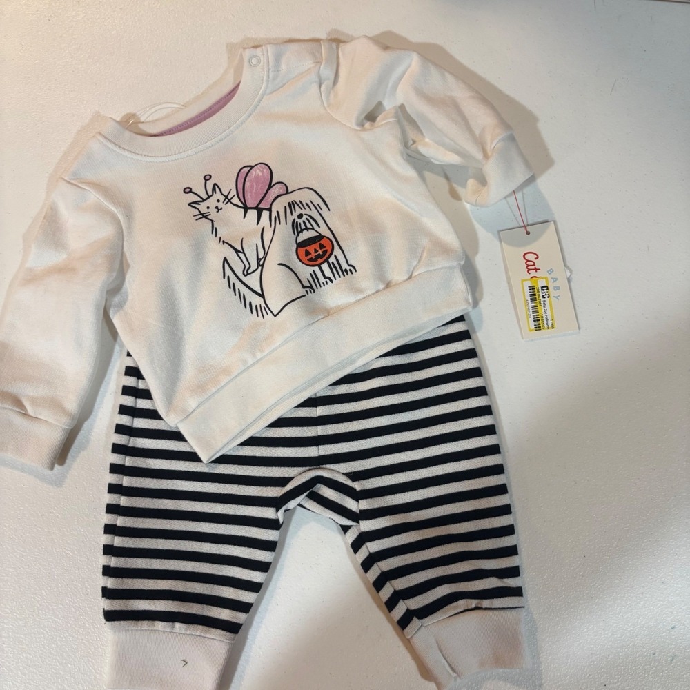 Cat & Jack Baby 0-3M Halloween Cat Dog Trick or Treat Sweatshirt & Pants Set NEW